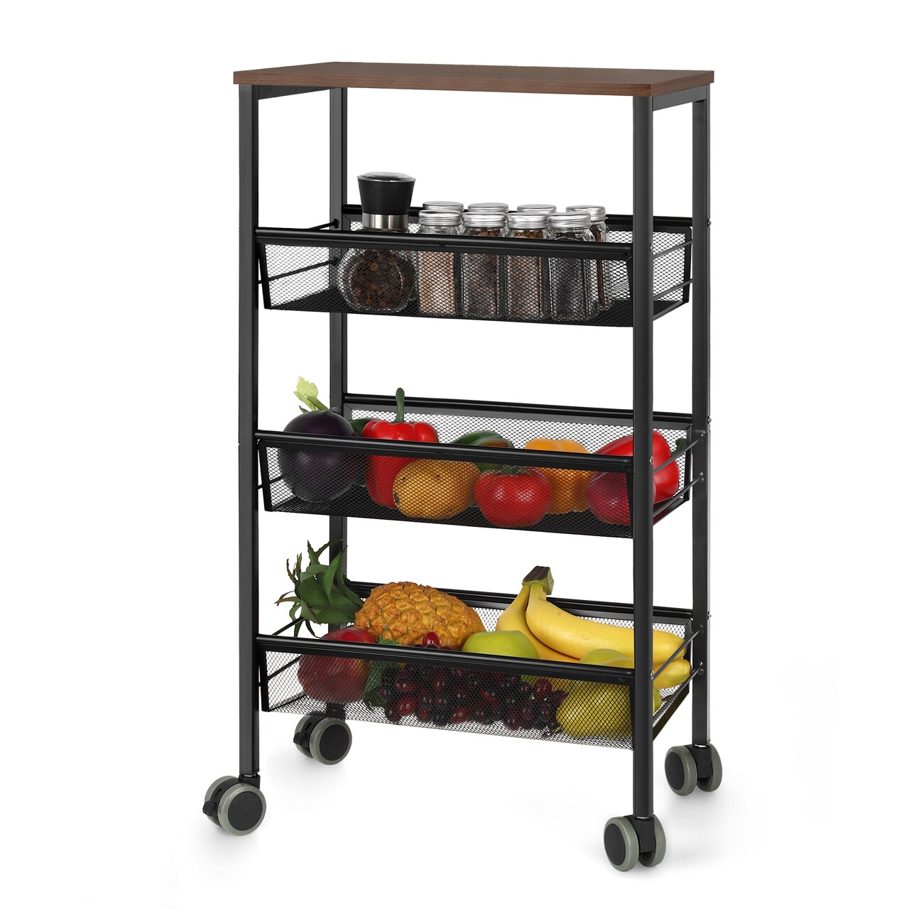 Rustic Kitchen Storage Cart, 4 Tier Kitchen Cart on Wheels, Metal Mesh Storage Pantry Cart with Lockable Wheels, Wood Look Top and Metal Frame